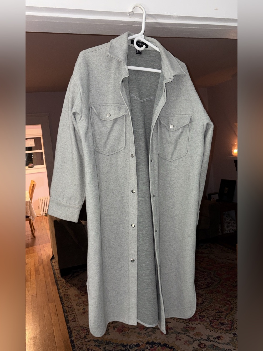 Forever 21 Light Gray Long Snap-Front Trench Coat